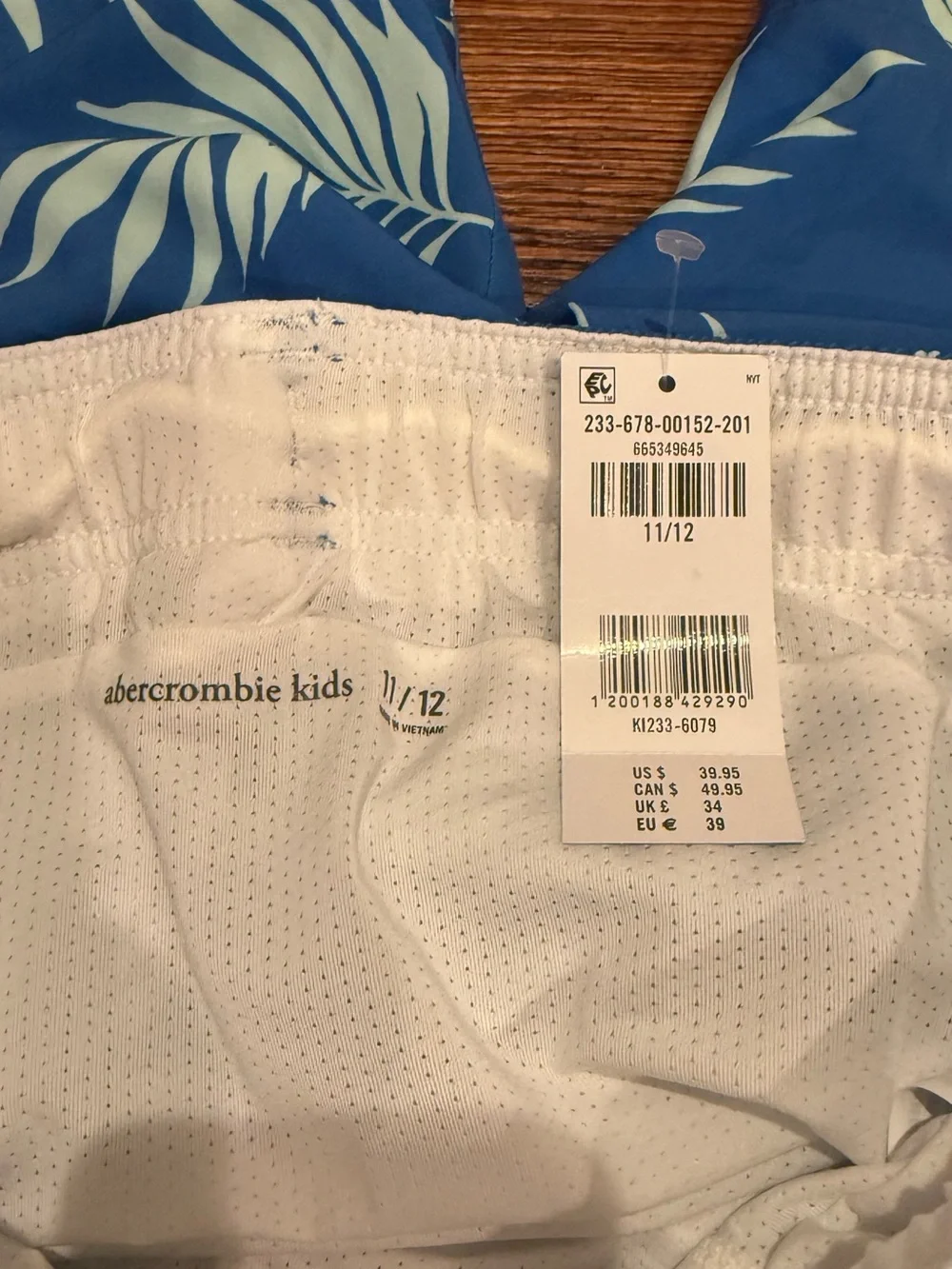 abercrombie kids Blue Swim Trunks with White Tropical Leaf Print